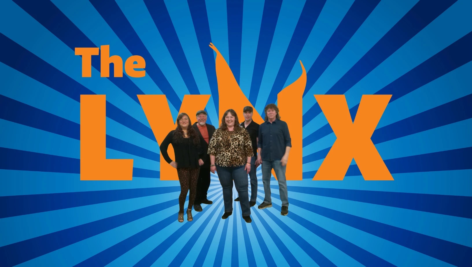 The five members of The Lynx standing in front of the orange Lynx logo on a blue sunburst background
